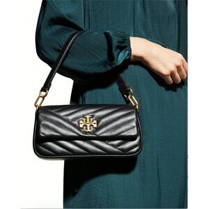 $498 TORY BURCH Small Kira Chevron Leather Front Flap Shoulder Bag Black